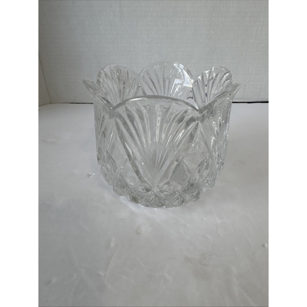 Heavy Clear Lead‎ Crystal Scalloped Bowl Vase Candle Holder 4.25" Tall